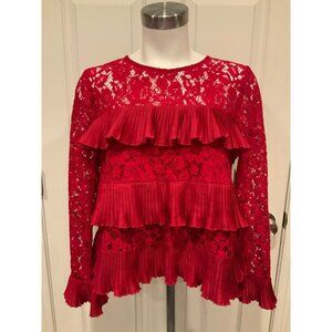 J. Crew Red Floral Lace & Pleated Ruffle Top Long Sleeve Shirt, Size 6